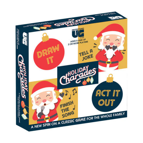 Game box, depicting cartoon Santa Claus acting out Charades prompts