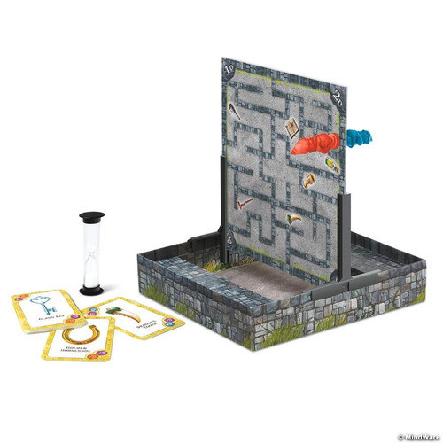 the game box holding up the game board vertically with a timer and cards