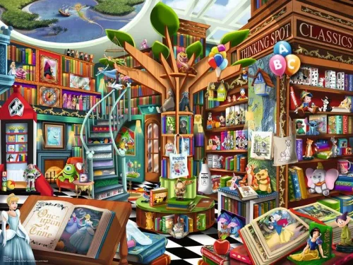 Puzzle image depicting a bookstore, all of its shelves filled with Disney books and paraphernalia
