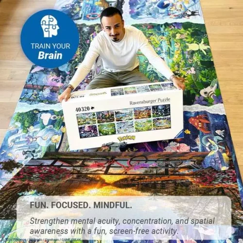 Picture of man sitting on the assembled puzzle holding the puzzle box with text caption saying "Fun. Focuses. Mindful. Strengthen mental acuity, concentration, and spatial awareness with a fun, screen-free activity."