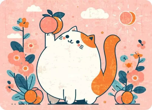 Puzzle image, cute art depicting a round kitty holding a peach