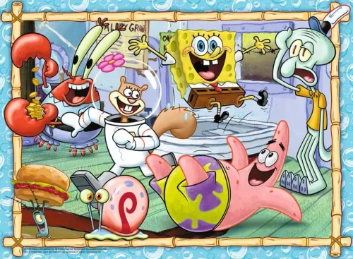 Puzzle image depicting Spongebob Squarepants characters in the Krusty Krab restaurant