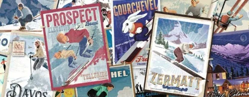 Puzzle image depicting a collage of vintage ski posters