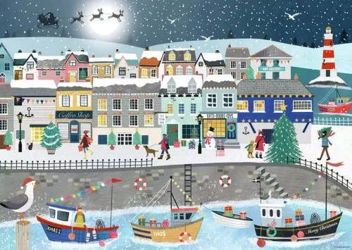 Puzzle image, simple art depicting a snowy coastal town