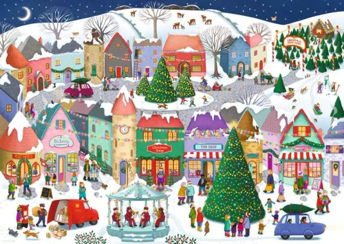 Puzzle image, illustrated art of a holiday-decorated town from above