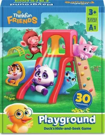 Game box with art depicting animal friends playing on a playground set