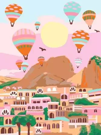 Completed image of hot air balloons above a village