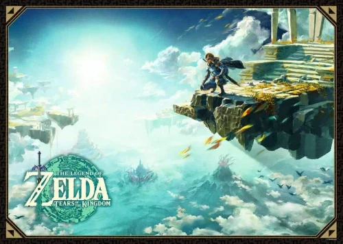 Puzzle image, depicting Link looking out over islands floating in the clouds