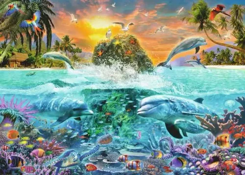 Puzzle image depicting a pod of dolphins jumping in a reef