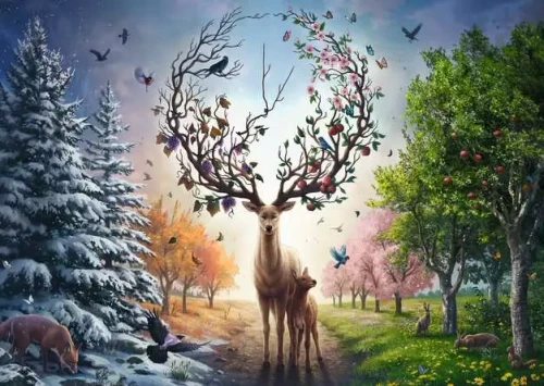 Puzzle image, depicting a deer with magical blooming antlers and its fawn