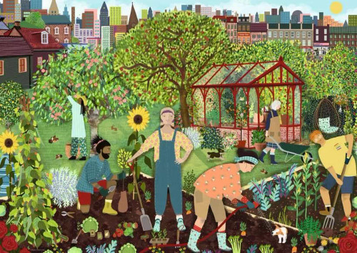 Puzzle image, depicting gardeners working near a greenhouse