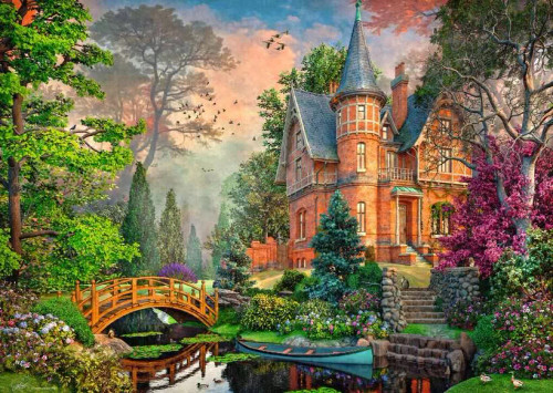 Puzzle image, depicting a mansion in a lush woods
