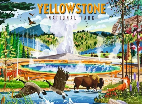 Puzzle image, art depicting various wildlife in Yellowstone National Park