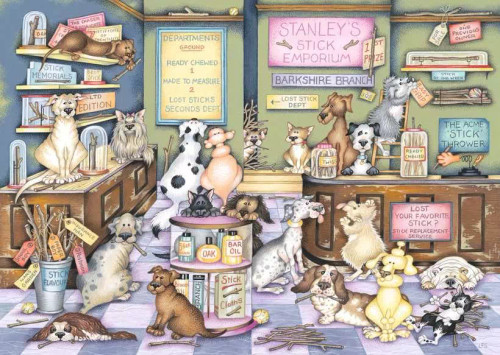 Puzzle image, a humorous depicting of dogs in a stick shop