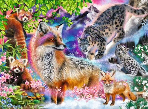 Puzzle image, depicting adult and child of foxes, snow leopards and red pandas