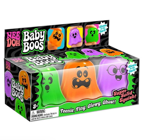 A window box showing three ghost-shaped NeeDoh Baby Boos in green, orange, and purple with different cartoon facial expressions on each.