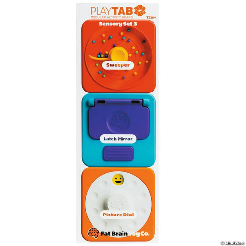 red square with many mini balls and yellow sweeper, blue square with latch mirror and orange square with white dial.