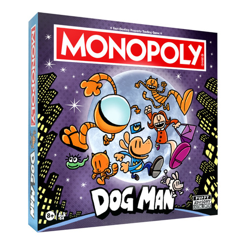 front of game box featuring dog man comic character on a purple box