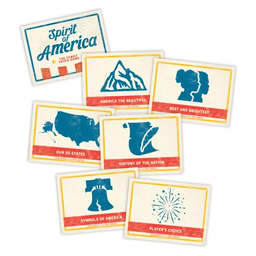 Backs of various cards, showing their categories: like History of the Nation, and Our 50 States