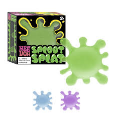 A green SplootSplat toy is shown inside its black package, along with a green SplootSplat shown outside the package.  Inset below, smaller images show an example of a blue SplootSplat and a purple SplootSplat.