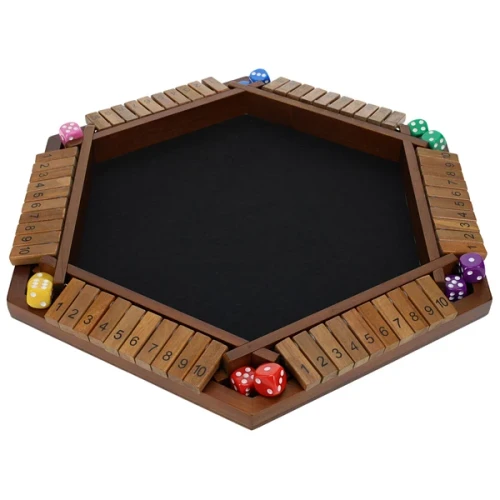 Shut box board with six sections of numbers to flip