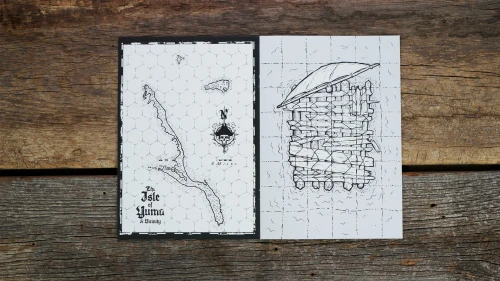 Interior pages, a map of an island and a grid map of a raft