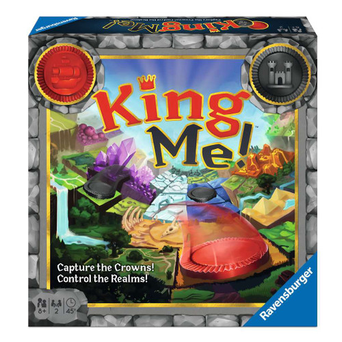 King Me front of game box featuring flying checker like pieces across a grid of different landscapes 