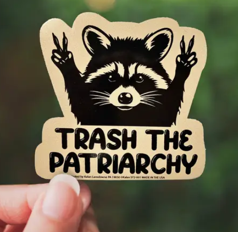 Sticker depicting a raccoon and the text "Trash the patriarchy"