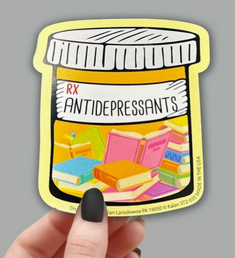Sticker depicting a pill bottle full of books, with a label reading "Antidepressants"