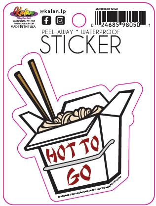 Sticker depicting a takeaway food box with the words "Hot to go"