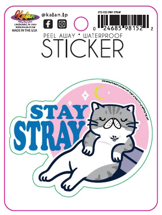 Sticker depicting a lounging cat and the words "Stay stray"