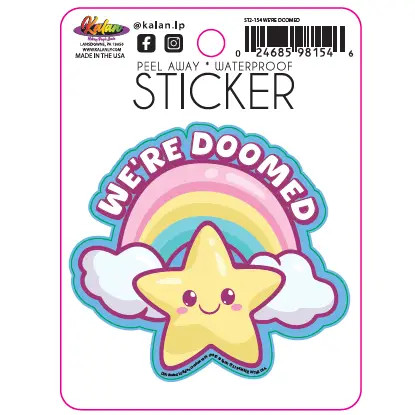 Sticker depicting a star and rainbow and the text "We're doomed"