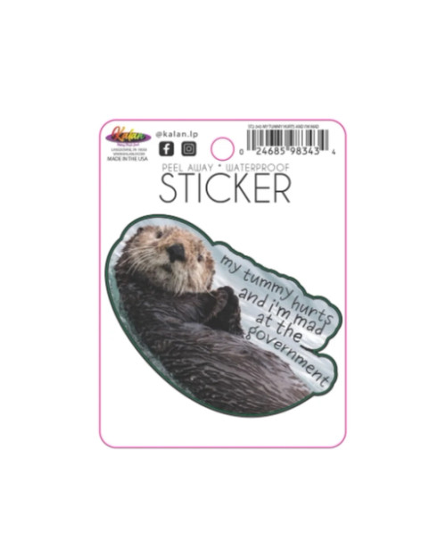 Sticker image, depicting an otter and the text "my tummy hurts and i'm mad at the government"
