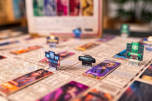 game components with places and persons and a vehicle