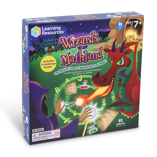 front of game box purple featuring a red dragon and math wizard