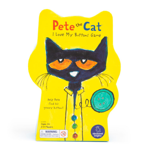 front of Pete the cat shaped game box, bright yellow
