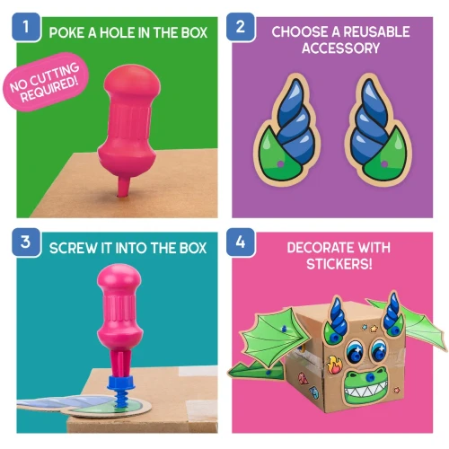 Infographic on how to use the kit: Poke a hole in the box; Choose a reusable accessory; screw it into the box; decorate with stickers.