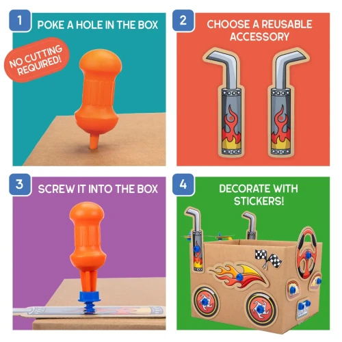 Infographic on how to use the kit: Poke a hole in the box; Choose a reusable accessory; screw it into the box; decorate with stickers.