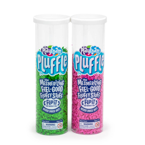 Clear packaging tubes containing green and pink play foam