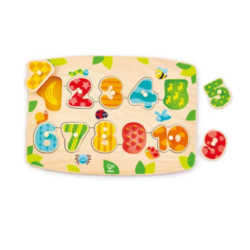 Wooden peg puzzle with pieces for numbers 1 through 10