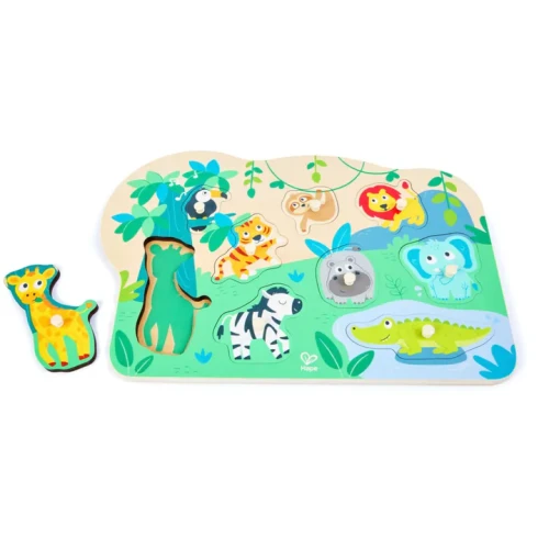 Wooden peg puzzle with 9 animal pieces