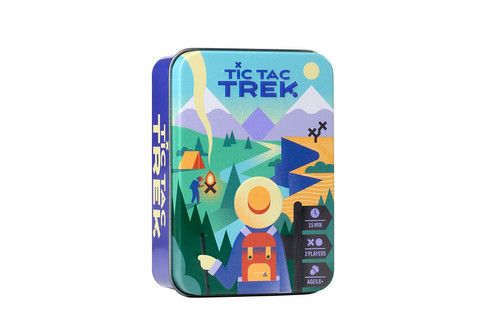 Game packaging tin depicting a hiker looking out over wilderness