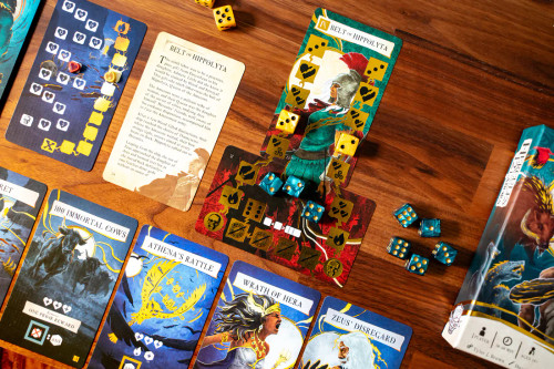 Dice and cards arranged on a tabletop