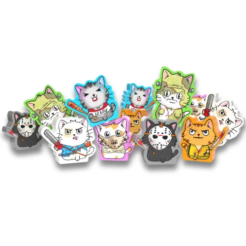 Game tokens depicting cats with weapons and classic movie killer outfits