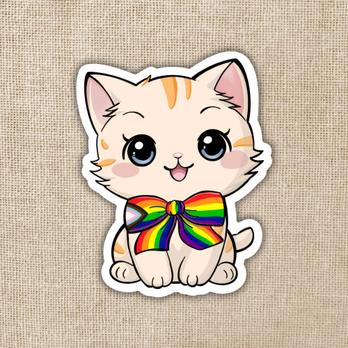 Sticker depicting a cartoon cat with a Pride Flag bow tie