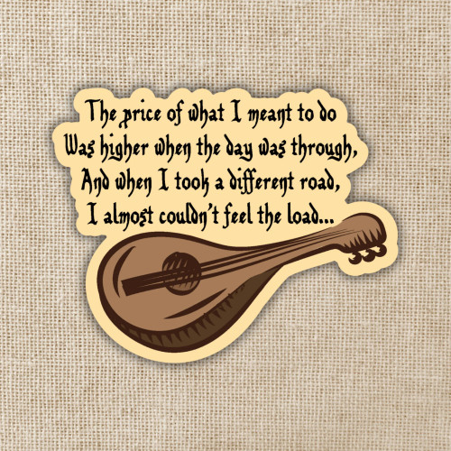 Sticker depicting a lute and a quote from Legends & Lattes by Travis Baldree