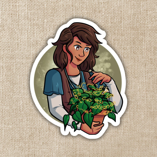 Sticker depicting a woman holding a potted plant