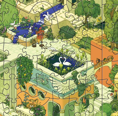 Closeup on part of the puzzle depicting swans in a pond