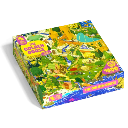 Puzzle box depicting a complex cartoon village scene