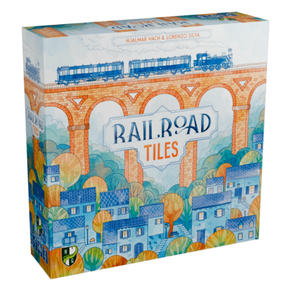 Game box, depicting a train crossing a bridge over a city